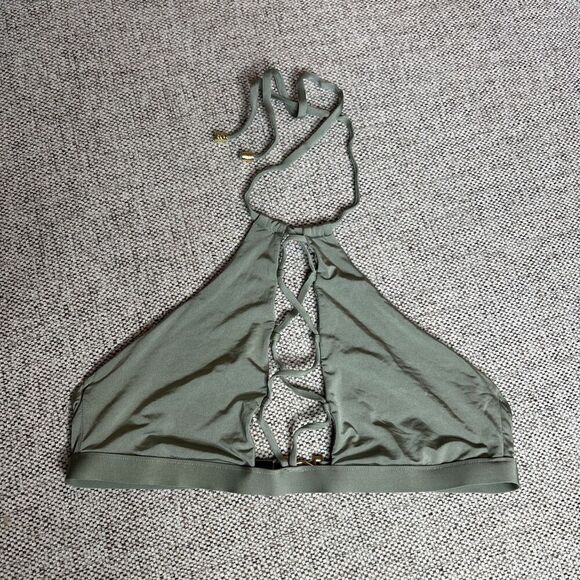 Beach Bunny Womens Swim Top Lace Up Halter Green Color Logo Size M - Picture 2 of 7